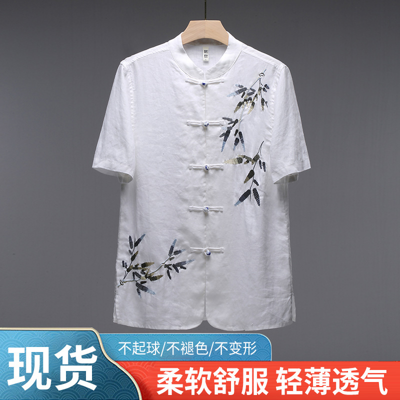 竹叶刺绣中国风短袖男士上衣衬衫夏季薄款男装亚麻唐装盘扣对开