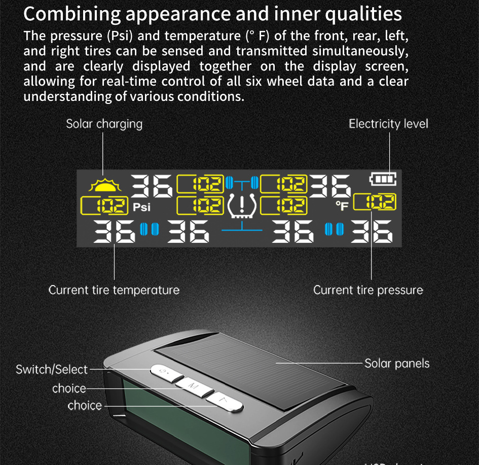 T11-6 Wheel-Mounted Tire Pressure Detector Solar-Powered Tire Pressure Monitoring High-Precision Wireless Rv Tire Pressure Tpms Cross-System
