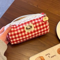 赤格子かわいいキティ猫ペンバッグ大容量文房具ボックスポータブルデザインセンス文房具バッグインスタ女の子化粧バッグ