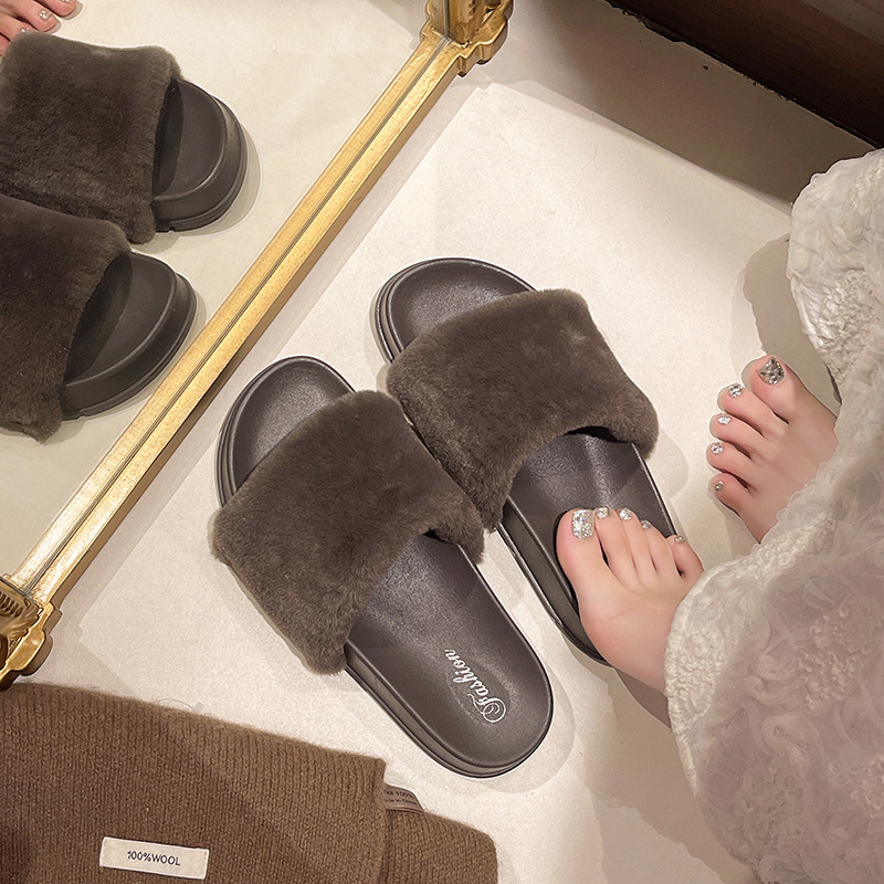 厚底毛茸茸一字棉拖鞋女外穿2025秋冬新款绝美仙女风勃肯毛毛拖鞋|undefined
