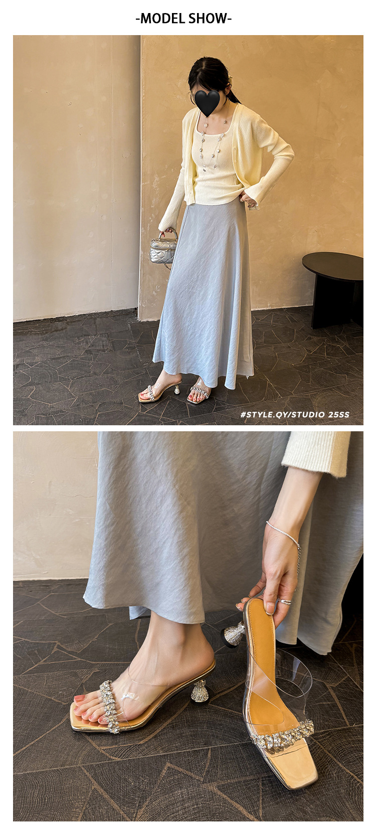 Sandal cao gót nữ mũi vuông PVC trong suốt đính đá gót thấp — màu vàng, bạc chi tiết 8