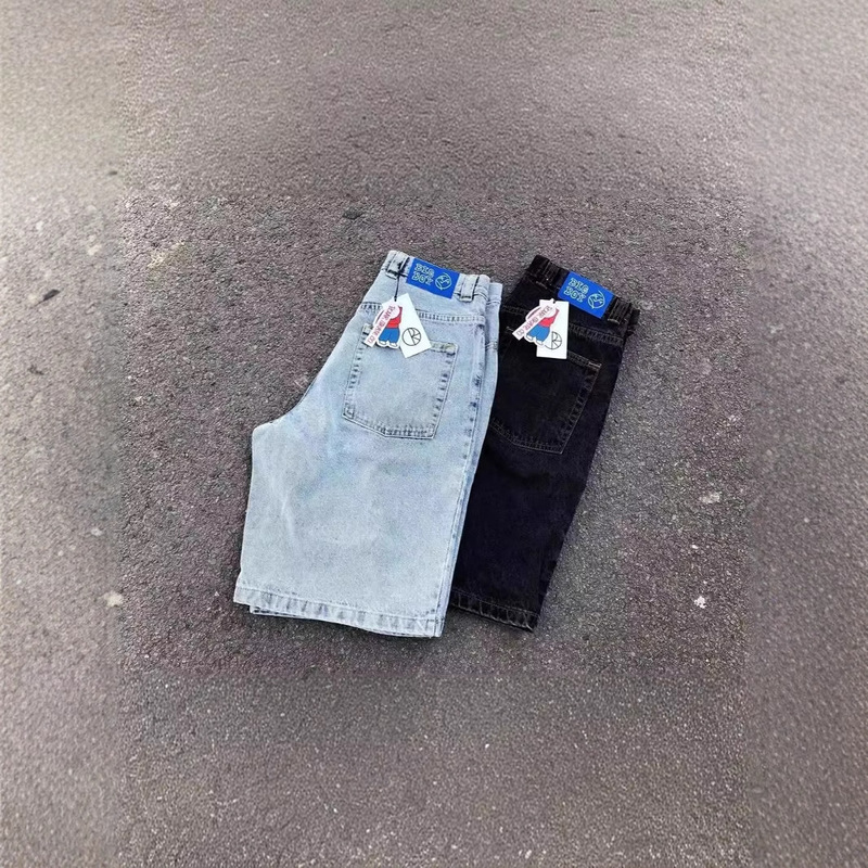E-commerce Street Polar Big Boy Denim Shorts Y2K Pants Hip Hop Cartoon Graphic Embroidery Retro Blue