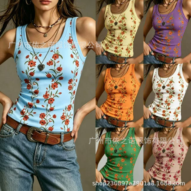 26 New Models of Temu Foreign Trade Tk Independent Site Summer Floral Print European and American Cross-Border Women's Vests Amazon