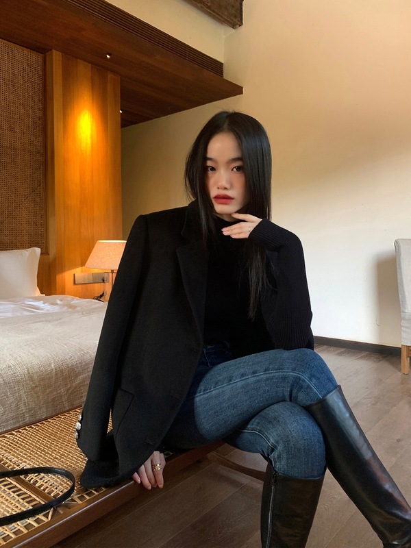 pusumede 黑色毛呢西装外套女新款高级气质韩系复古宽松西服上衣|undefined
