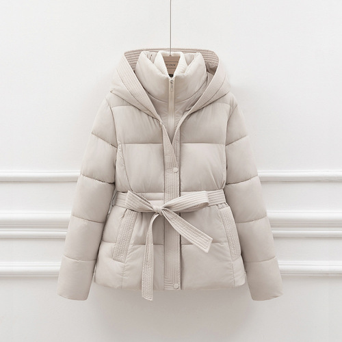 2025 Slimming Hooded Belted Warm Coat New Arrival Korean Version Thick Cotton Women's Short Coat