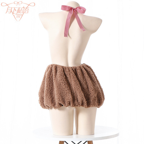 Plush backless halterneck bear 2D cute backless maid outfit sexy lingerie female role play pajamas