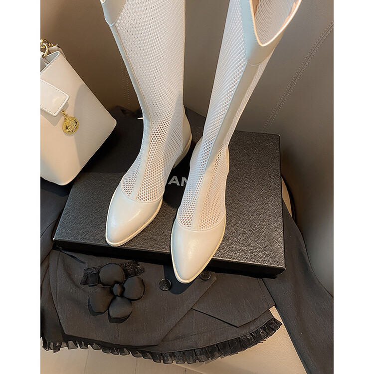 Boot nữ cổ cao da thật đế thô gót vuông ống lưới rỗng dây kéo sau — Màu nâu ống lớn, Ống nhỏ màu đen, Ống nhỏ màu nâu, Ống nhỏ màu trắng Be chi tiết 11