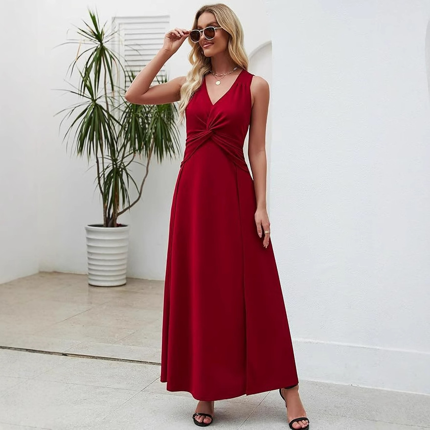 Vestido de invitado de boda para mujer transfronteriza europea y americana vestido formal con cuello en V vestido de noche sin mangas para mujer