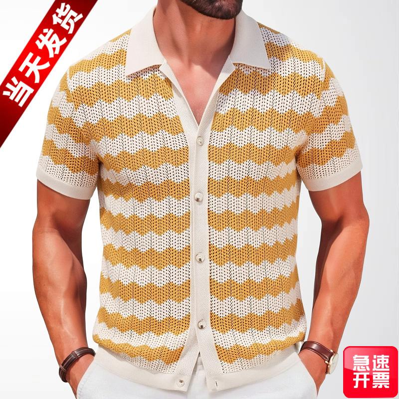 Cross-Border Men's Clothing Retro Hong Kong Style Ripple Hollow Knit Sweater with Lapel Summer Short-Sleeved Casual Polo Shirt Sy0118