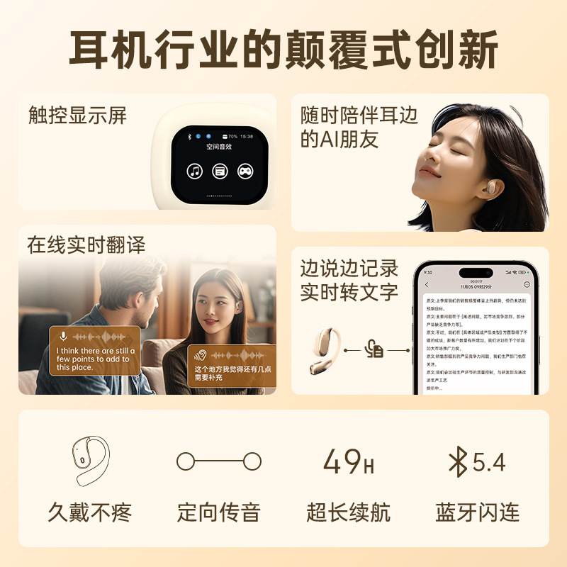 AI インテリジェント対面翻訳 Bluetooth ヘッドセット リアルタイム音声転写 タッチスクリーン操作 耳掛けワイヤレスヘッドセット|undefined