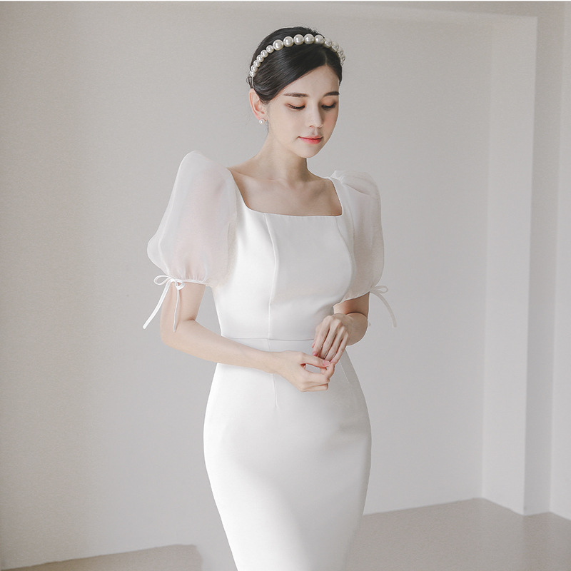 Cross-Border Japanese and Korean 2026 New Style French Satin Simple Light Wedding Dress with Square Neck and Puff Sleeves, Elegant and Slim Fit for Company Events