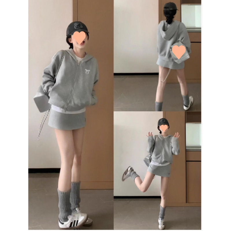 即墨卫衣灰色短款外套女2025春秋新款女装修身连帽上衣收腰开衫|undefined