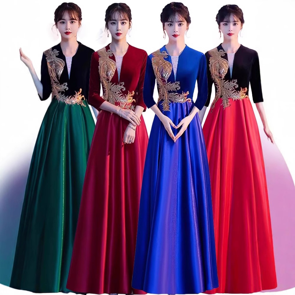 大合唱团演出服女长裙新款学生诗歌朗诵年会主持人红歌比赛晚礼服