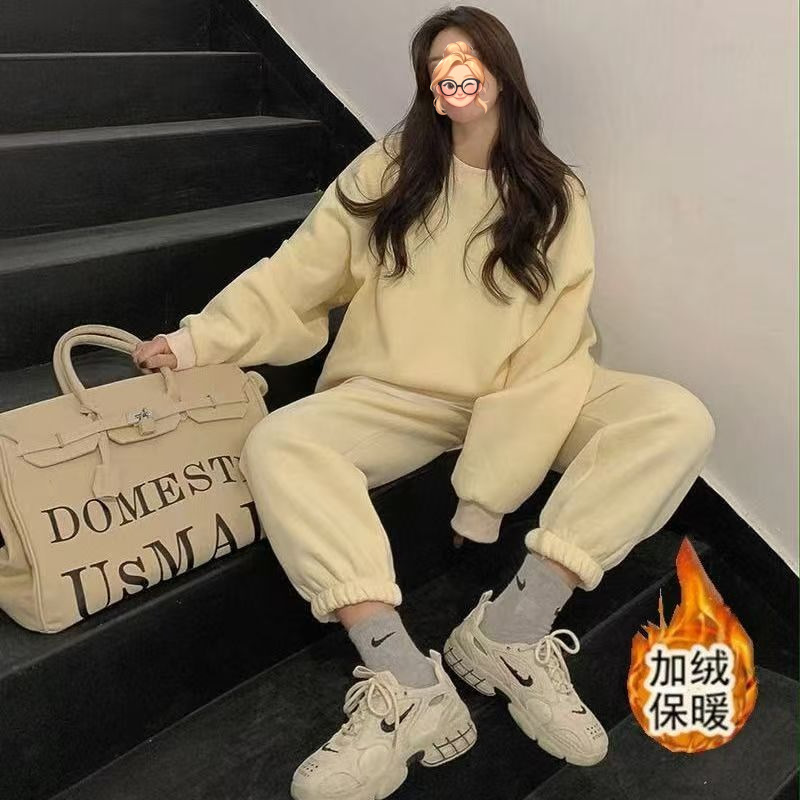 胖MM大码2-300斤秋冬季感假两件休闲套装纯色卫衣运动两件套跨境|undefined