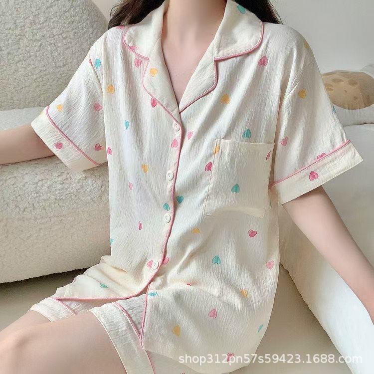 云朵棉短袖睡衣女夏季简约桃心印花夏天可外穿家居服套装跨境批发|undefined