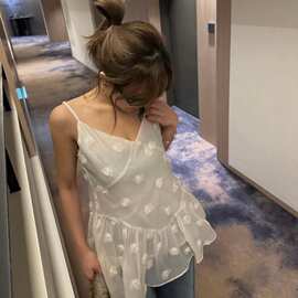 韩国chic春夏新款蕾丝立体花朵叠搭吊带裙摆短裙