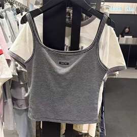 跨境夏季新款Mk条纹经典小标简约韩系修身百搭时尚吊带女款