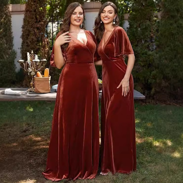 Cross-border Foreign Trade Banquet V-neck Velvet Evening Dress Split Sexy Elegant Bridesmaid Cocktail Dress Cross-border Foreign Trade Banquet V-neck Velvet Evening Dress Split Sexy Elegant Bridesmaid Cocktail Dress