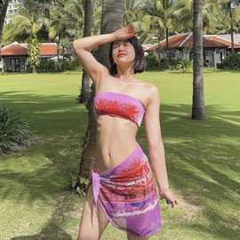 跨境东南亚性感女神小胸抹胸三件套裙款比基尼Bikini分体游泳衣女