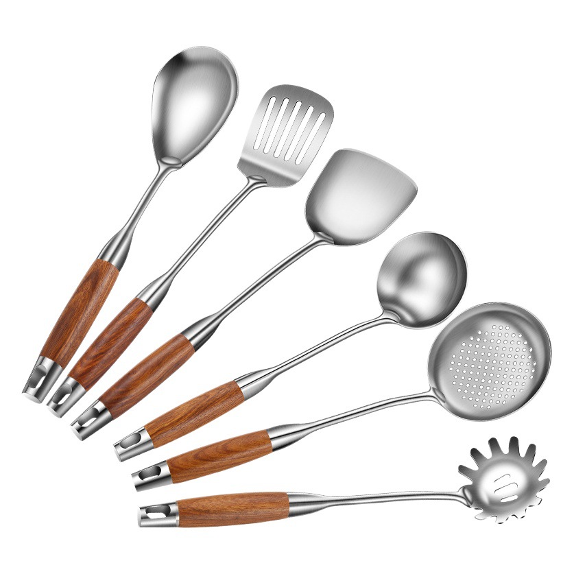 304 espátula de acero inoxidable utensilios de cocina traje de cocina pala hogar palo de rosa mango de madera cuchara de sopa de acero inoxidable colador freír pala
