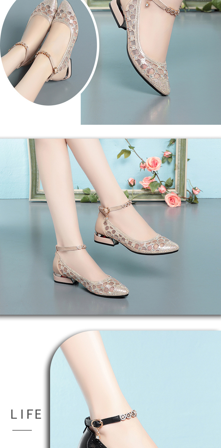 Sandal nữ quai chữ V lưới da thật đế bệt mềm mại — Đen【Gót trung 4.0CM】 chi tiết 11