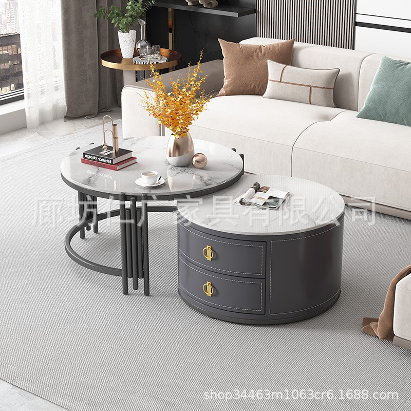 Mesa de centro moderna de lujo ligero de celebridades de Internet, balcón de la sala de estar nórdica, mesa de té de vidrio redonda, mesa de centro de pizarra de tamaño pequeño para el hogar