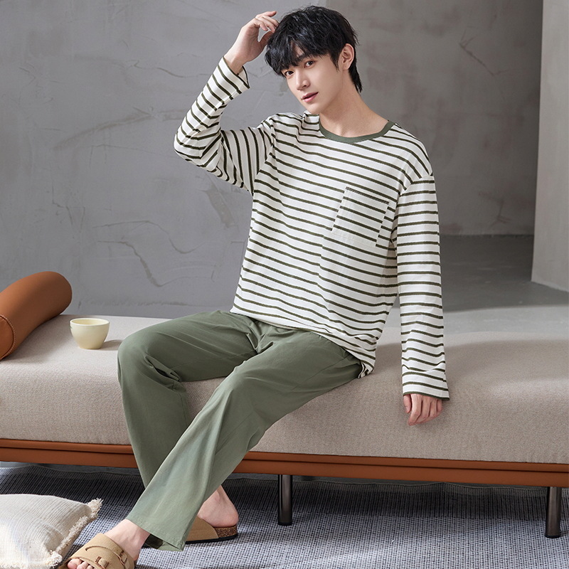 Pijamas de algodón de manga larga para hombres primavera y otoño ocio simple algodón 2024 nuevo conjunto de ropa de hogar de cuello redondo juvenil