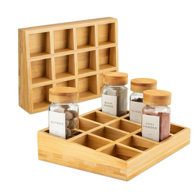 Estante de condimento de bambú y madera caja de especias de escritorio 12 caja de acabado de cuadrícula caja de partición de especias caja de almacenamiento de condimentos
