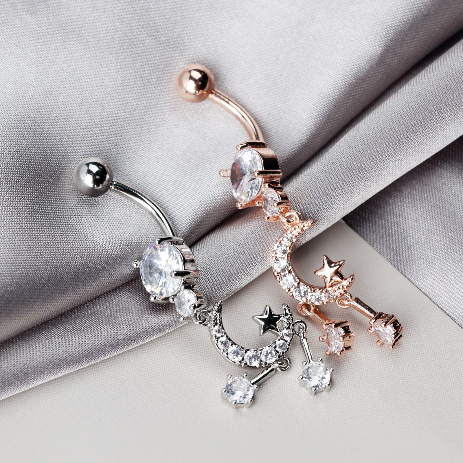 Fashion New European And Cross-border Style Simple Stainless Steel Moon Zircon Navel Ring With Diamond-studded Easy To Wear_voghion.com