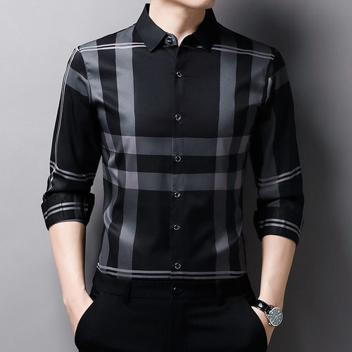 Men's Spring and Autumn  New Middle Youth Stand Collar Printed Breathable Fashion Trendy Casual Long Sleeve Shirt