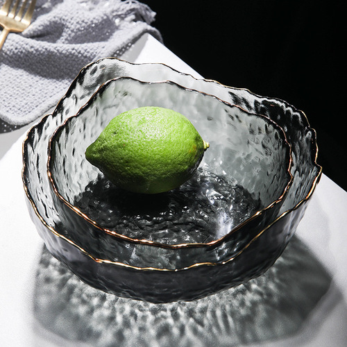 Household large irregular vegetable and fruit dessert salad bowl Japanese style cute gold painted creative transparent glass bowl