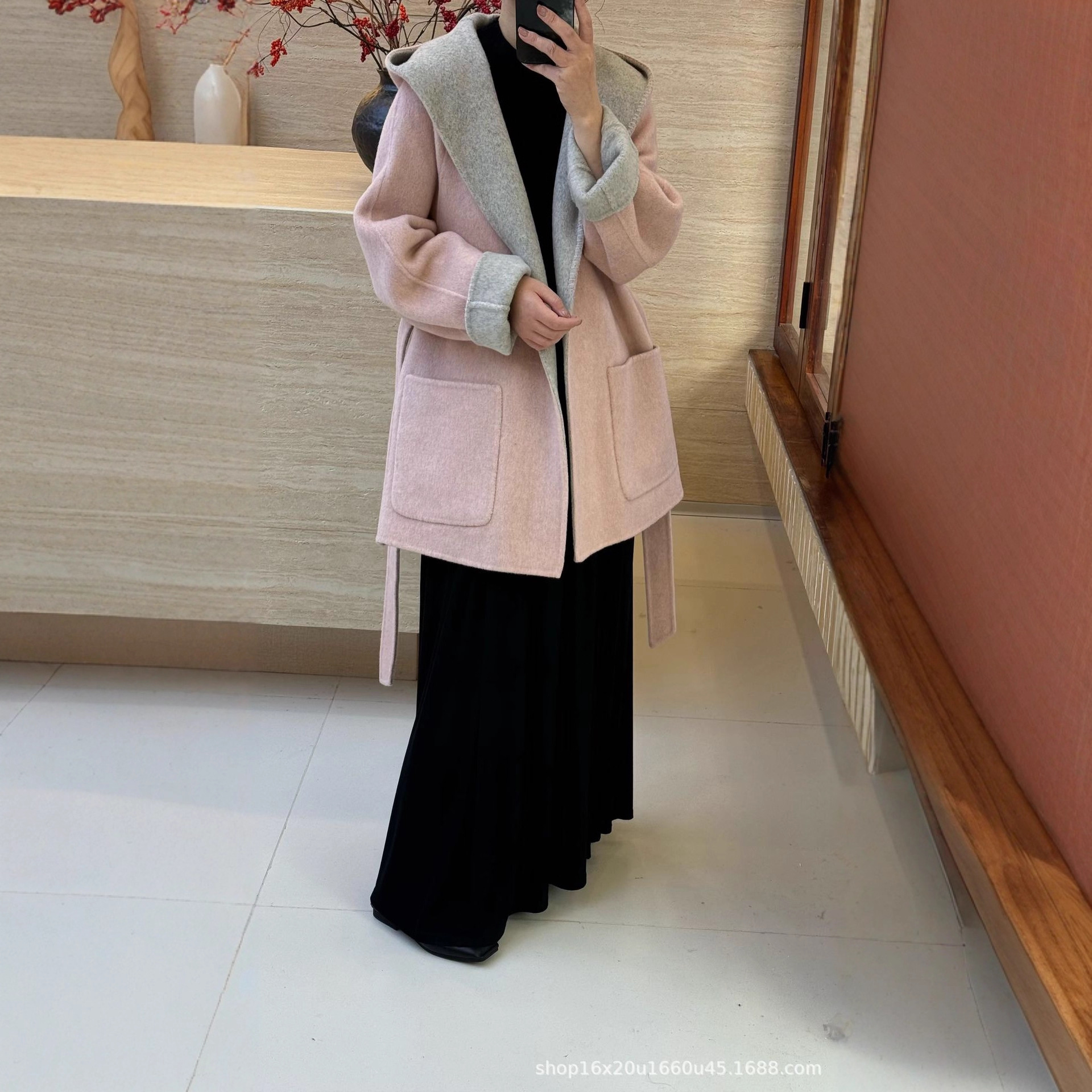 秋冬AB面双面羊绒大衣女连帽阔版系带显瘦中长款羊毛呢女气质款