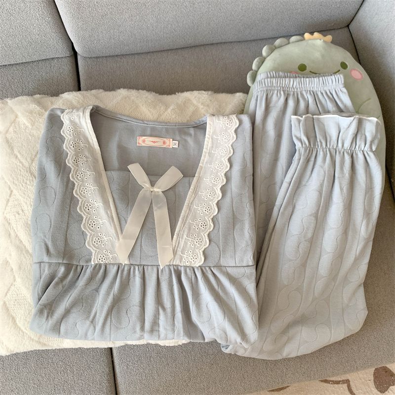 2025 nuevo pijama de mangas largas de mujeres otoño invierno algodón de punto encaje dulce princesa ropa de estilo W3118 azul