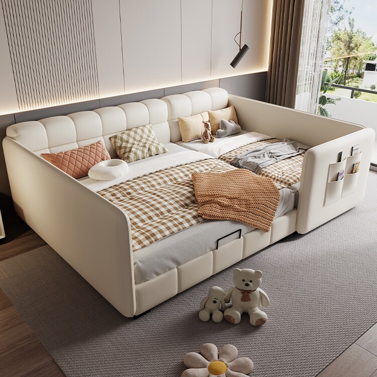 Parent-Child Bed for a Family of Three or Four, Extra-Large Bed, 3m Twin Splicing Bed, Cream Puff Leather Bed
