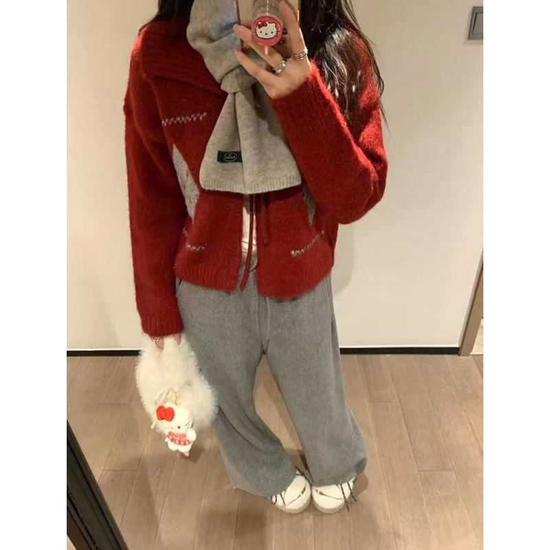 YS韩系小个子菱格翻领毛衣女秋冬慵懒风宽松软糯短款外穿针织上衣|undefined