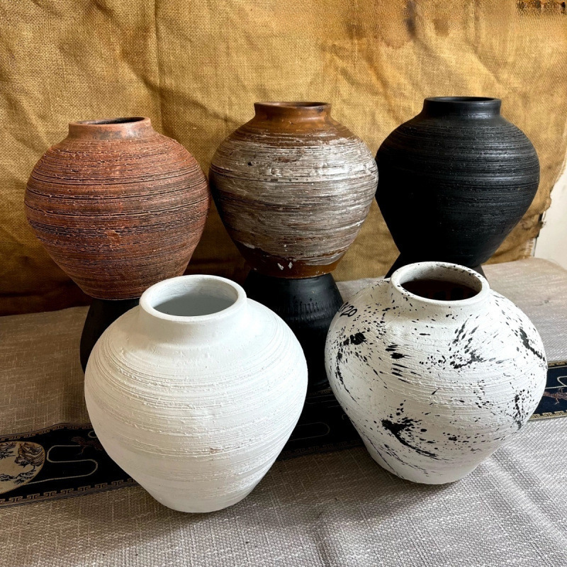 Chinese Vase, Retro Handmade Ornaments, Large Diameter Flower Arrangement, Dried Flowers, Stoneware Pot, Hydroponic Flower Device, Wabi-Sabi Style Vase