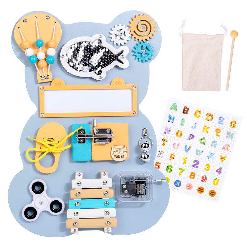 Amazon Wood Bear Tablero ocupado Niños Montessori Juego de pared Abra la puerta Tablero de desbloqueo Juguetes educativos