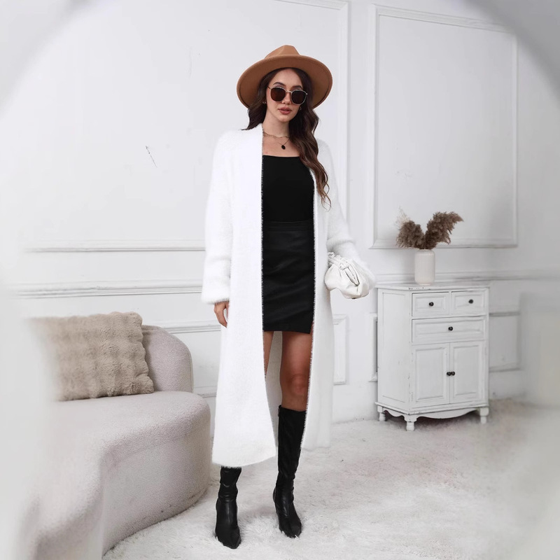Women's Knitwear Cardigan 2024 Autumn and Winter European and American Cross-border Mid-length Imitation Mink Hair Casual Loose Sweater Coat Women