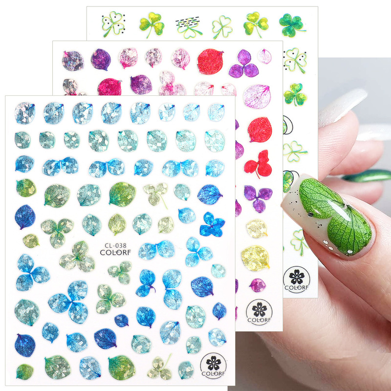 Cross-border New Nail Art Stickers ins Laser Four-leaf Clover Autumn Leaf Ginkgo Fan Dried Flower Hydrangea Haina Stickers