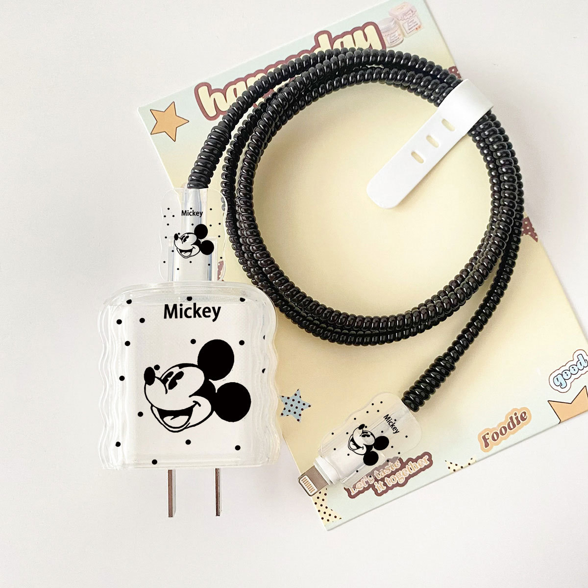 Apple 20w-YT1001 블랙 도트 미키 오버레이 헤드기어 + 물결선 클립 + 1m 블랙 로프 + 화이트 스트랩
