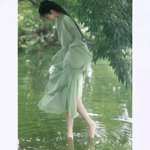 Зеленый зеленый элегантный Hanfu Girl, целый набор костюмов династий Вей и Джин, костюм супер бессмертный, свежий, элегантный, древний стиль и элегантный набор