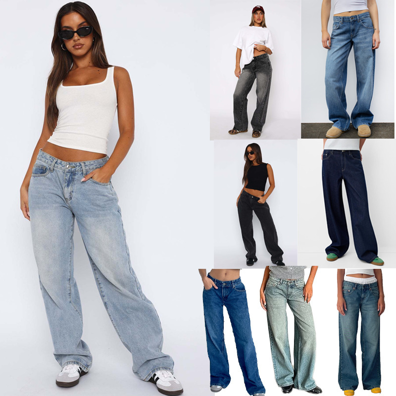 Cross-Border Temu Amazon European and American Women's Simple Mid-Waist Non-Elastic Straight Denim Pants