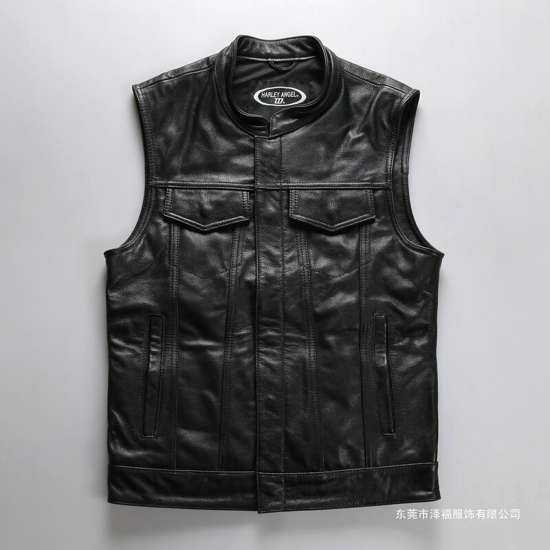 Casual Harley Vest Sons of Chaos Genuine Leather Motorcycle Vest for Men and Women, Plus Size Pointed Pocket Cowhide Vest