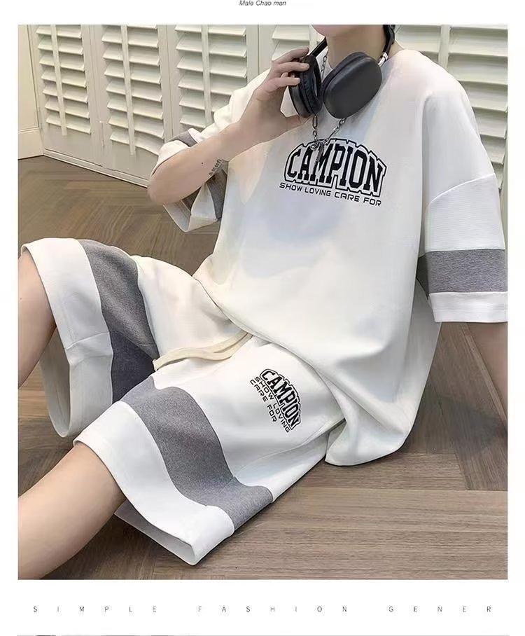 Pantalones cortos de seda de hielo traje de verano de los hombres estudiantes de secundaria delgada guapo deportes pantalones cortos casuales traje de dos piezas