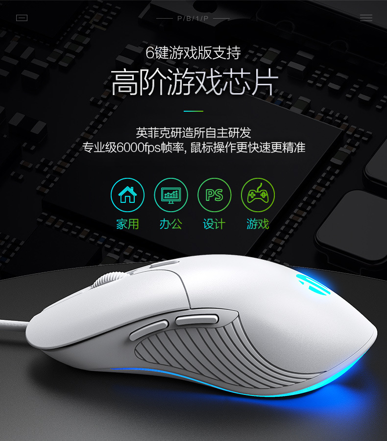 INPHIC B1 wired gaming mouse with macro features, silent, backlit, for office work desktop and laptop computers.