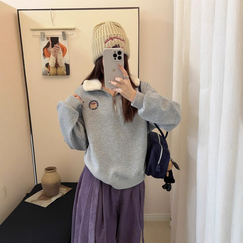 Korean Teddy Bear Suede Collar Zipper Fleece-Lined Sweatshirt for Women Winter New Loose Casual Age-Reducing Long-Sleeved Top Korean Teddy Bear Suede Collar Zipper Fleece-Lined Sweatshirt for Women Winter New Loose Casual Age-Reducing Long-Sleeved Top