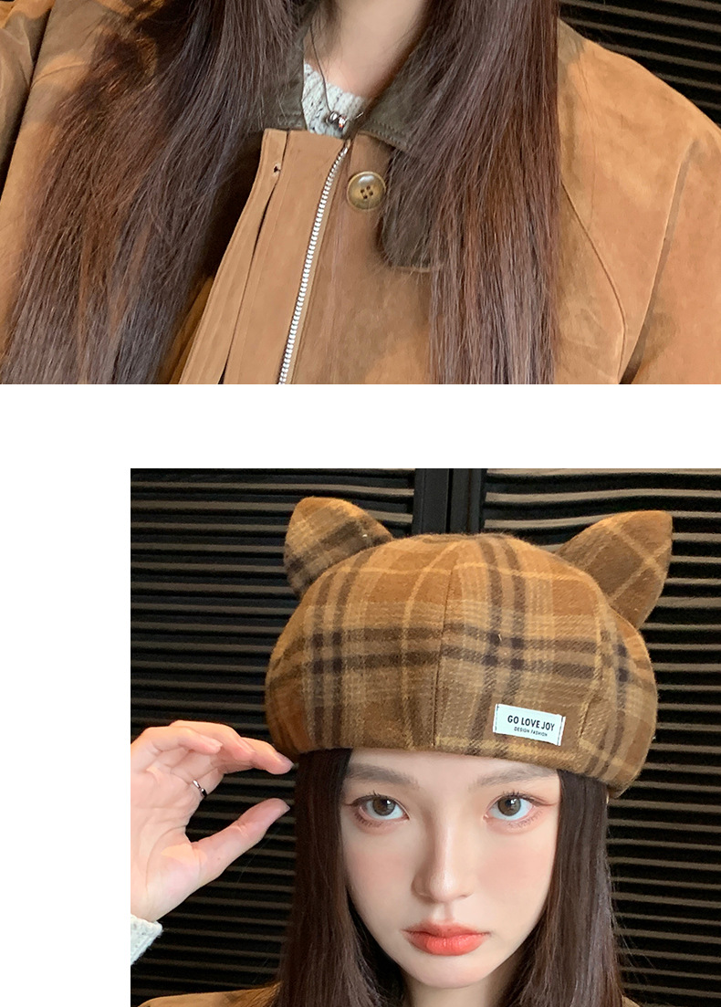 Britisches kariertes Barett, Herbst/Winter, Damen, Katzenohren, niedlich, achteckig, modisch, vielseitig, Malerhut_voghion.com