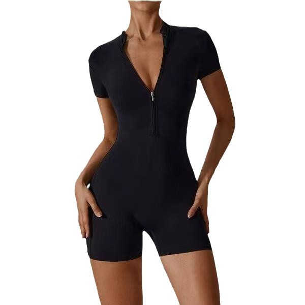 Nuevo otoño y verano Europa y América con cremallera yoga uniforme de baile femenino fitness ajustado deportivo uniforme pantalones cortos mangas cortas