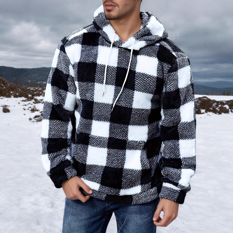 2025 Cross-Border New European and American Autumn and Winter Plaid Pattern Imitation Fur Men's Casual Fashion Furry Hooded Sweatshirt