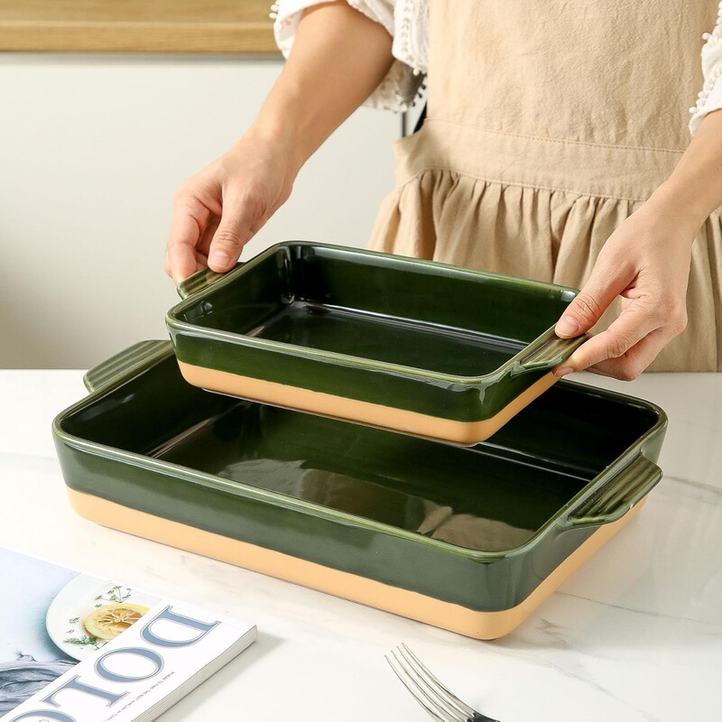 Large and Small Rectangular Ceramic Baking Trays with Handles, Two-Piece Set for Home Oven Baking, Double-Ear Rice Baking Tray